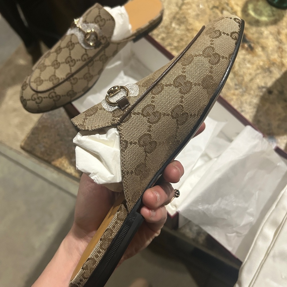 Gucci Brown GG Canvas Princetown Mule with Gold Horsebit - Picture 11 of 15